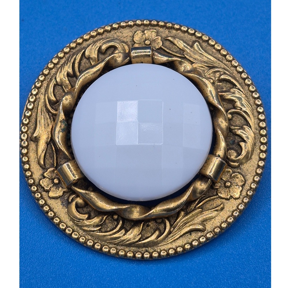 Vintage Freirich Brooch White Milk Glass Gold Tone Floral Scroll Pin Ornate